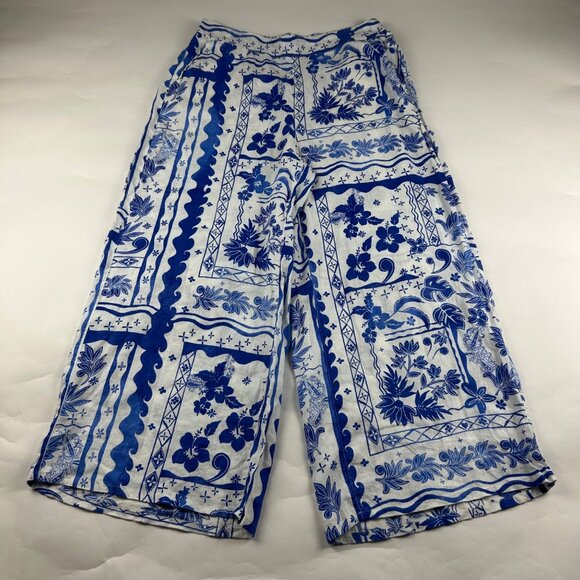Joie Blue White Linen Stamp Print Wide Leg Summer Pant XL - Picture 1 of 6